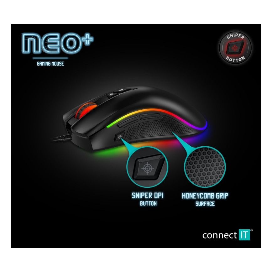 CONNECT IT CMO-3591-BK - LED RGB gaming mus med sladd 500-7200 DPI svart
