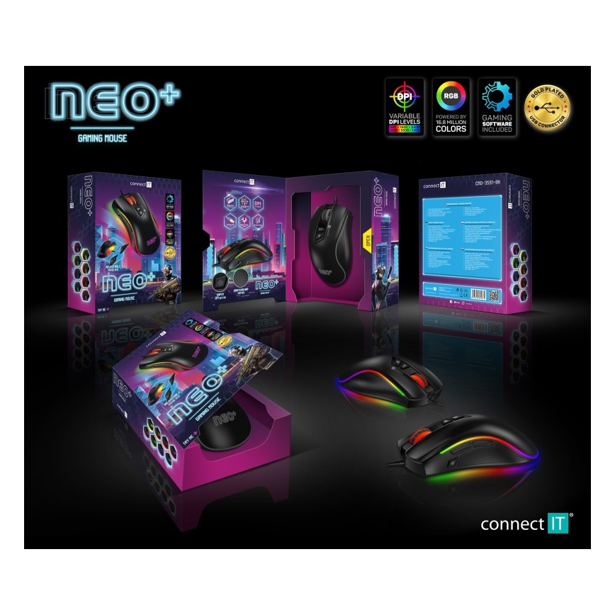 CONNECT IT CMO-3591-BK - LED RGB gaming mus med sladd 500-7200 DPI svart