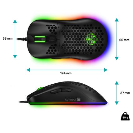 CONNECT IT CMO-5511-BK - LED RGB gaming mus med sladd 200-12800 DPI svart