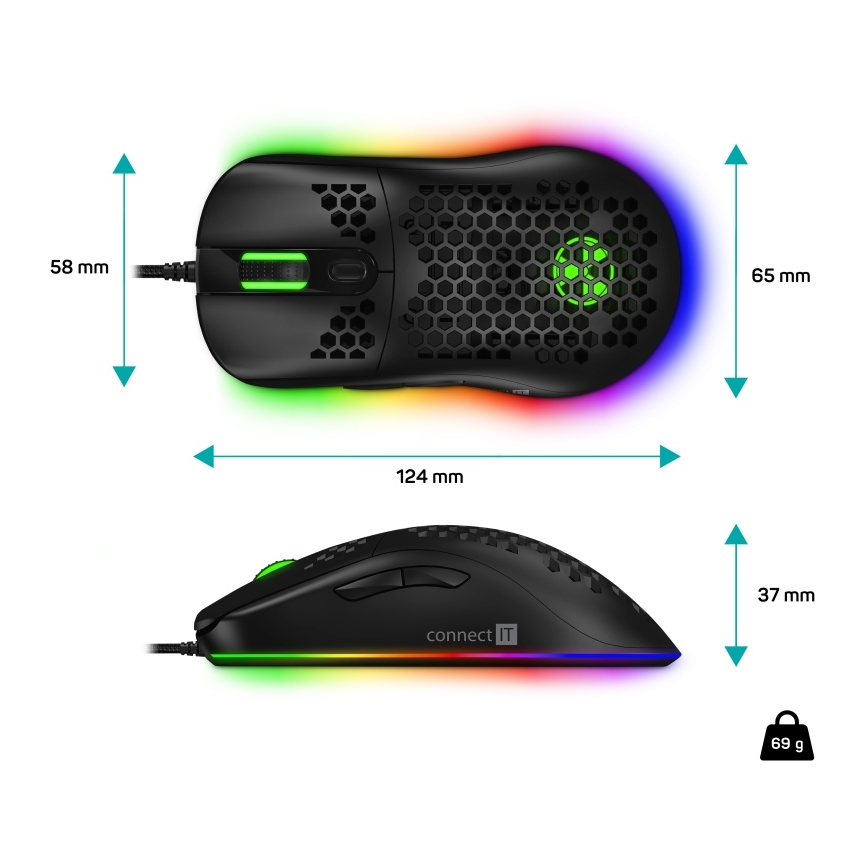 CONNECT IT CMO-5511-BK - LED RGB gaming mus med sladd 200-12800 DPI svart