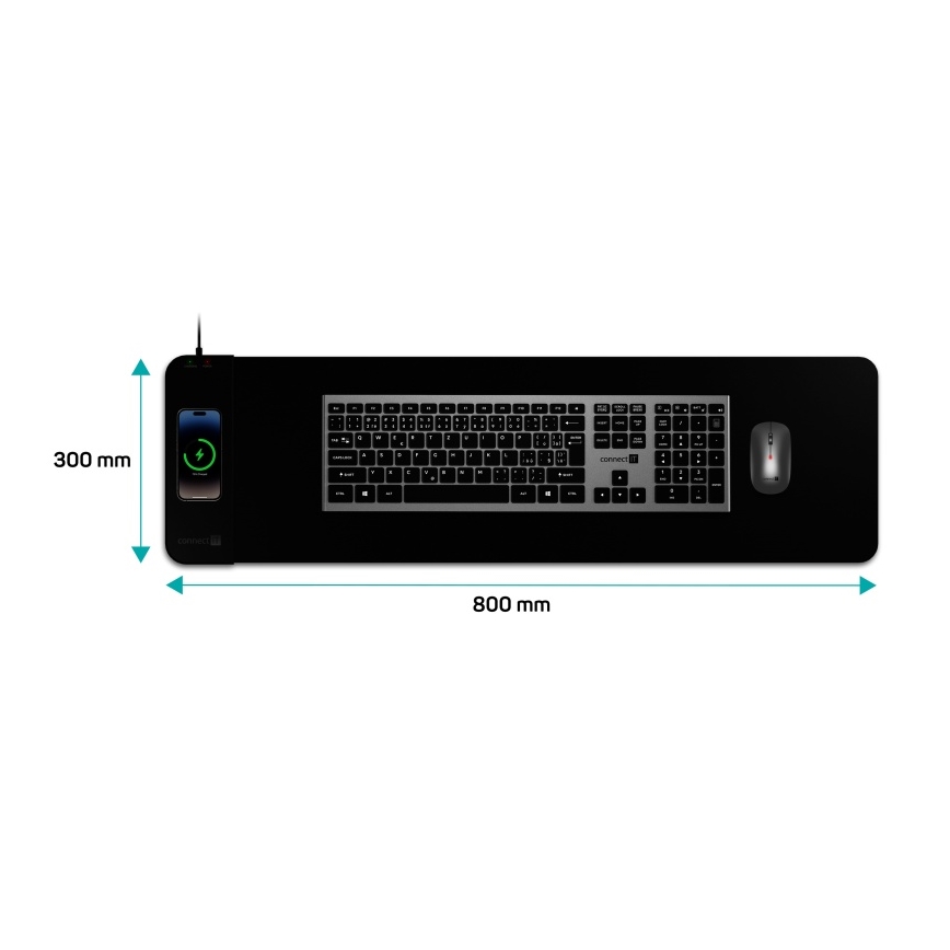 CONNECT IT CMP-2500-LG - Tangentbordsmatta och mus med Qi trådlös laddning 80x30 cm svart