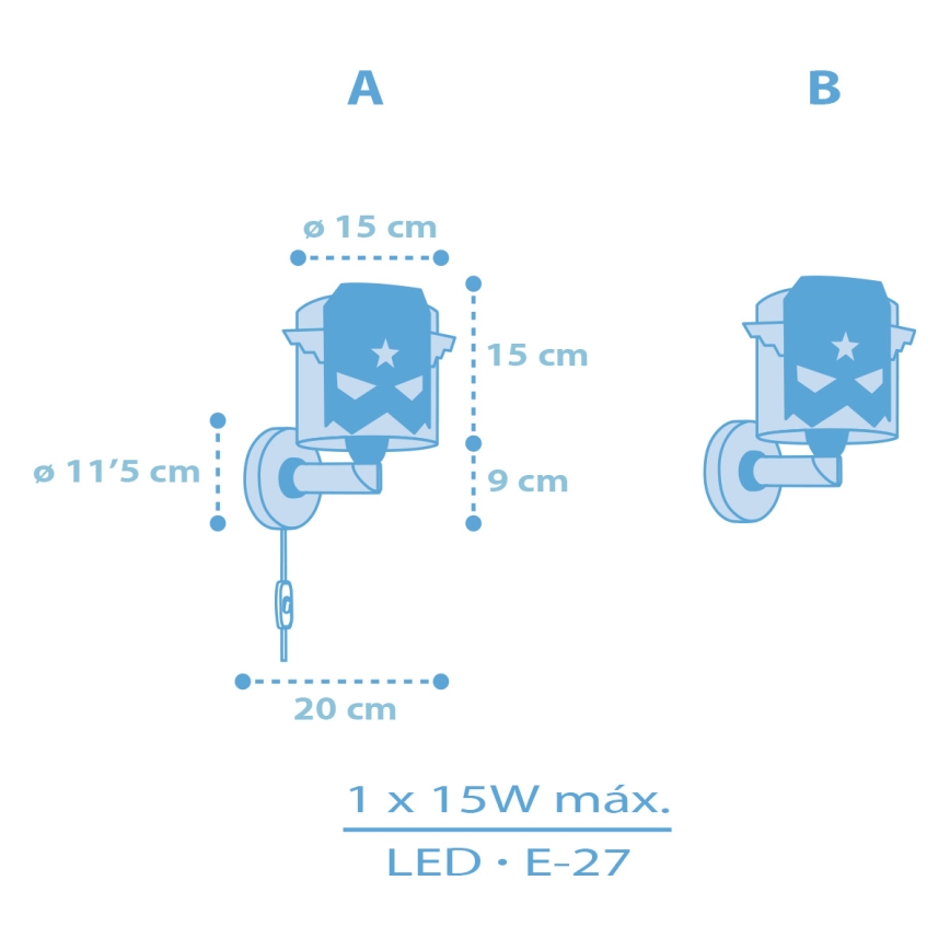 Dalber 61819 - Väggbelysning för barn BLÅ HERO 1xE27/15W/230V
