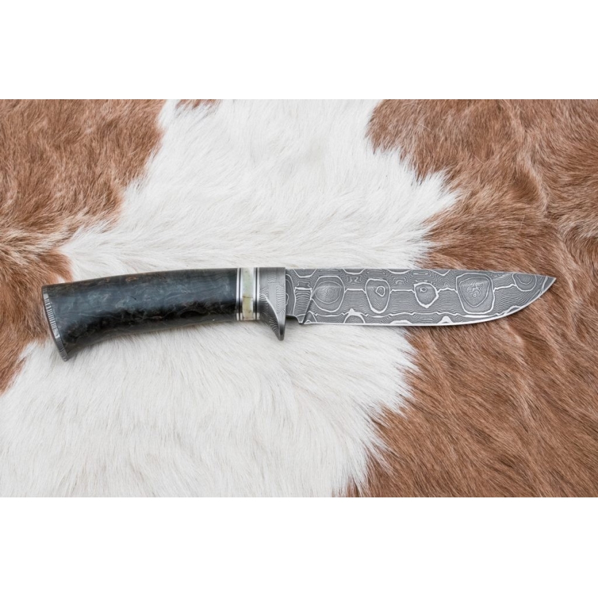 Damaskus jaktkniv 13,8 cm Björk/kamelben