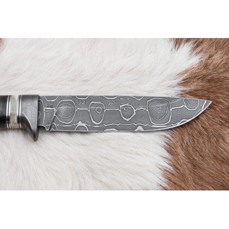 Damaskus jaktkniv 13,8 cm Björk/kamelben