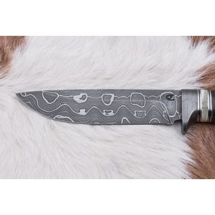 Damaskus jaktkniv 13,8 cm Björk/kamelben