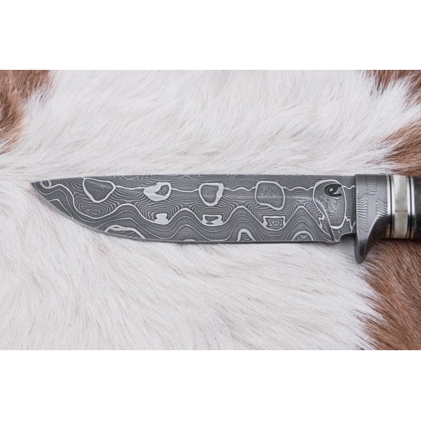 Damaskus jaktkniv 13,8 cm Björk/kamelben