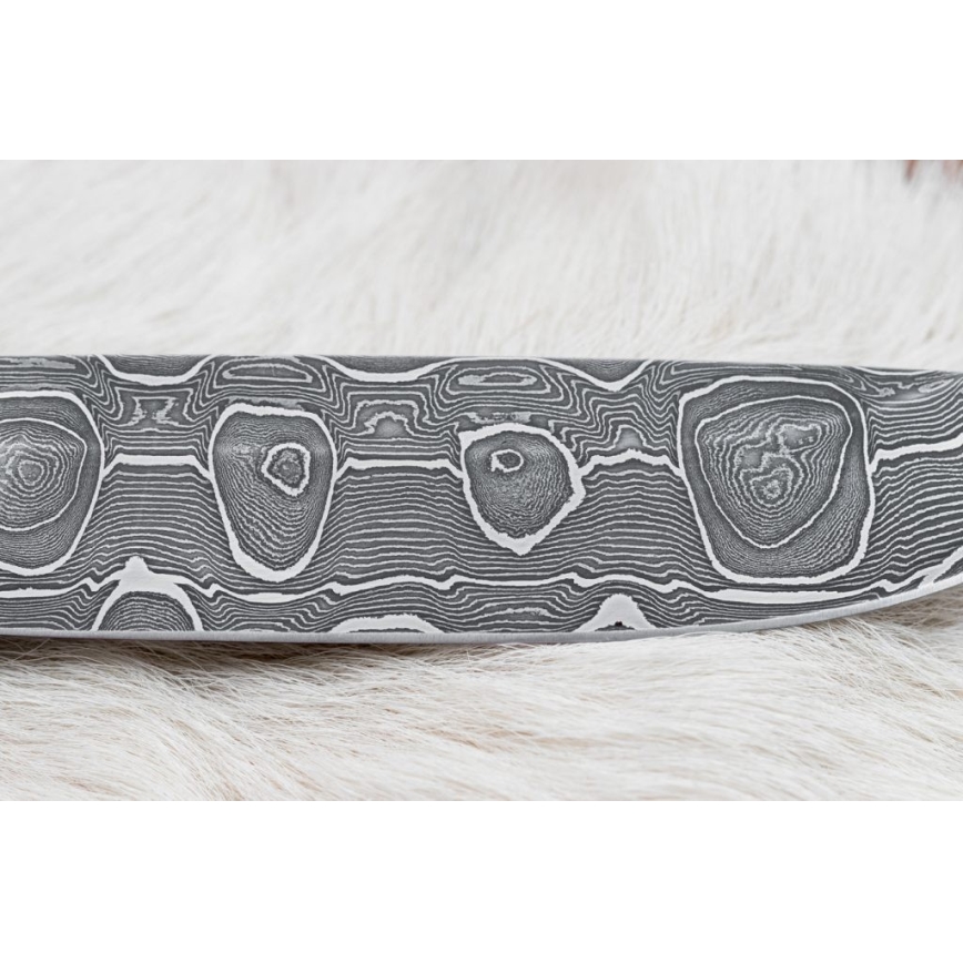 Damaskus jaktkniv 13,8 cm Björk/kamelben