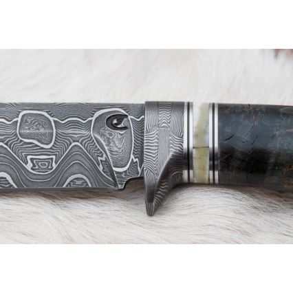 Damaskus jaktkniv 13,8 cm Björk/kamelben