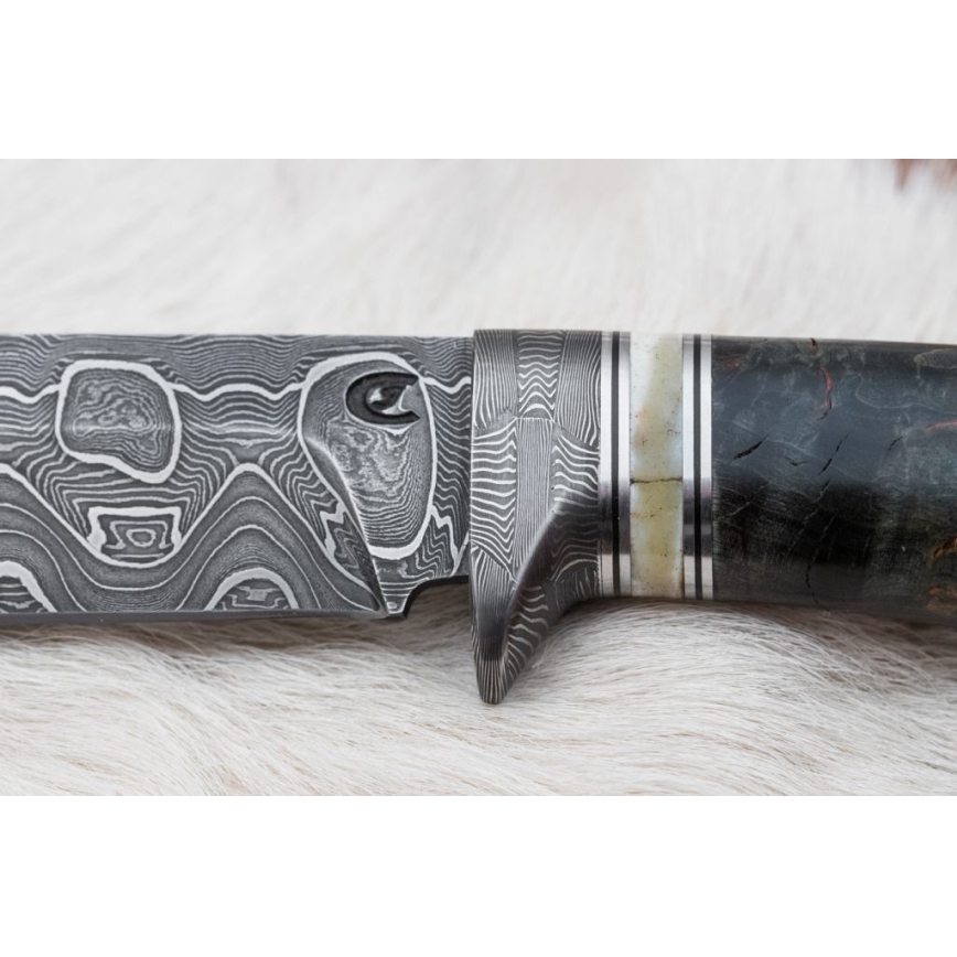 Damaskus jaktkniv 13,8 cm Björk/kamelben