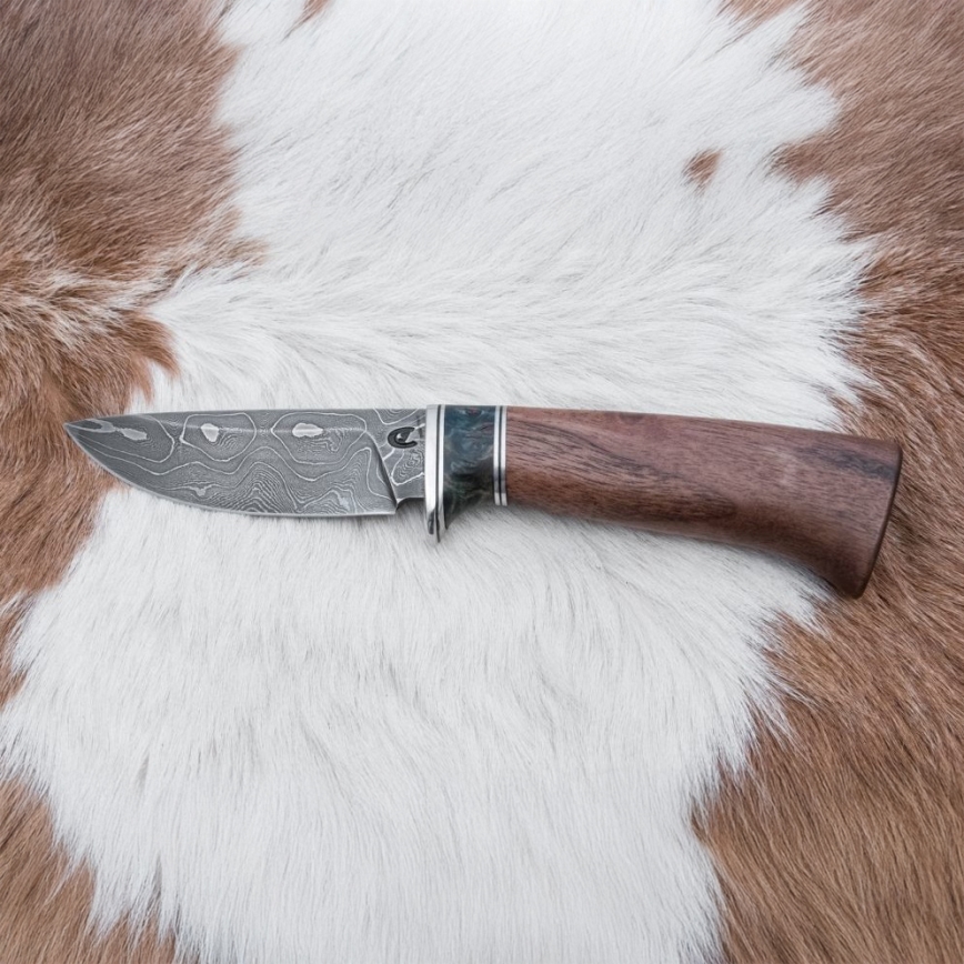 Damaskus jaktkniv 9,7 cm valnöt/lönn