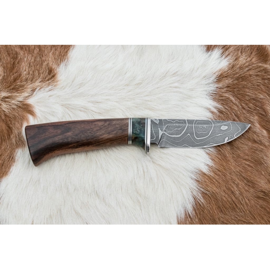 Damaskus jaktkniv 9,7 cm valnöt/lönn