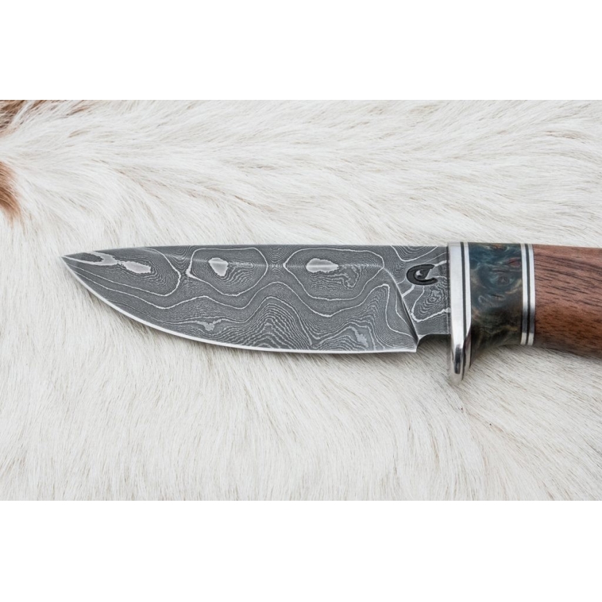 Damaskus jaktkniv 9,7 cm valnöt/lönn