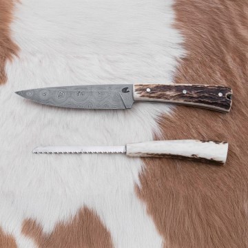 Damaskus jaktsändningskniv med minisåg 12 cm renhorn