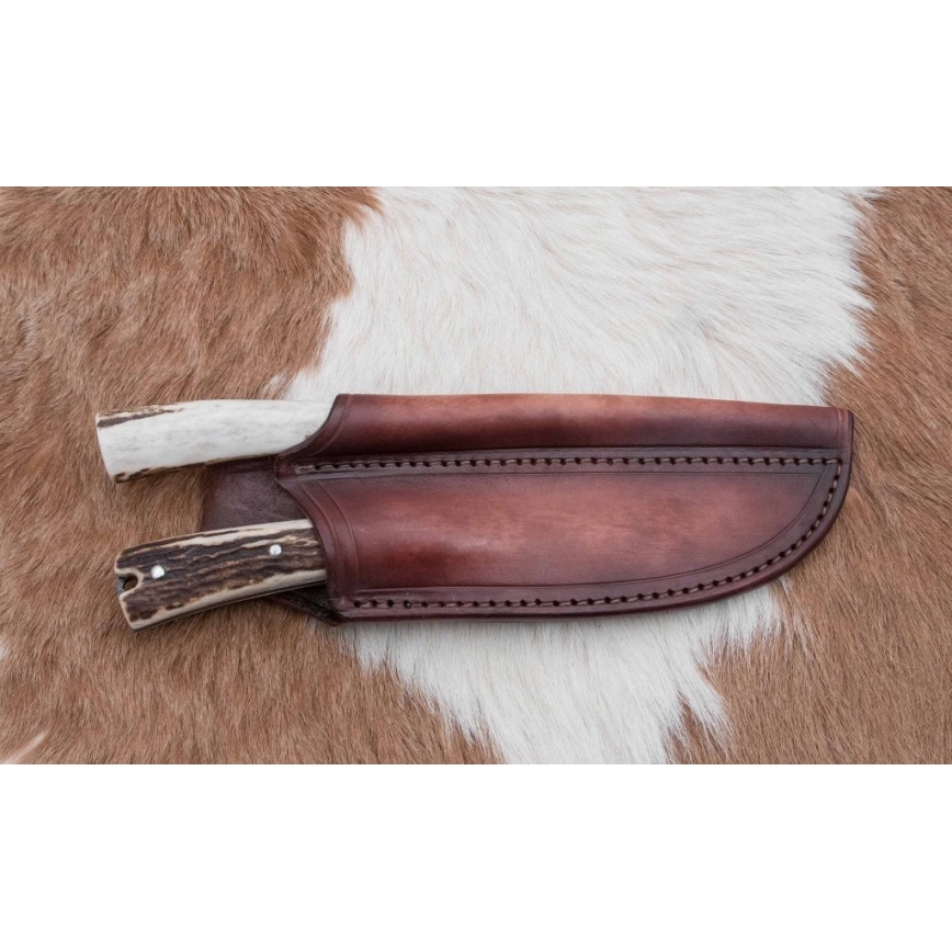 Damaskus jaktsändningskniv med minisåg 12 cm renhorn