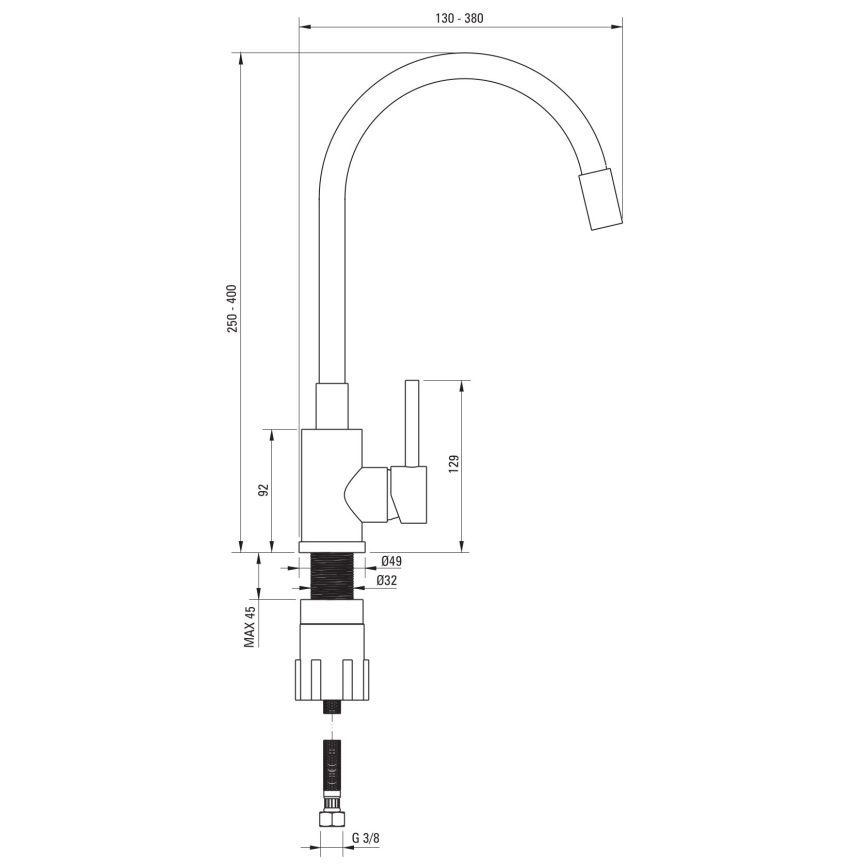 Deante ZQJNN103 - Diskho för kök EVORA 50x50 cm + kran för diskho med flexibel arm granit/svart