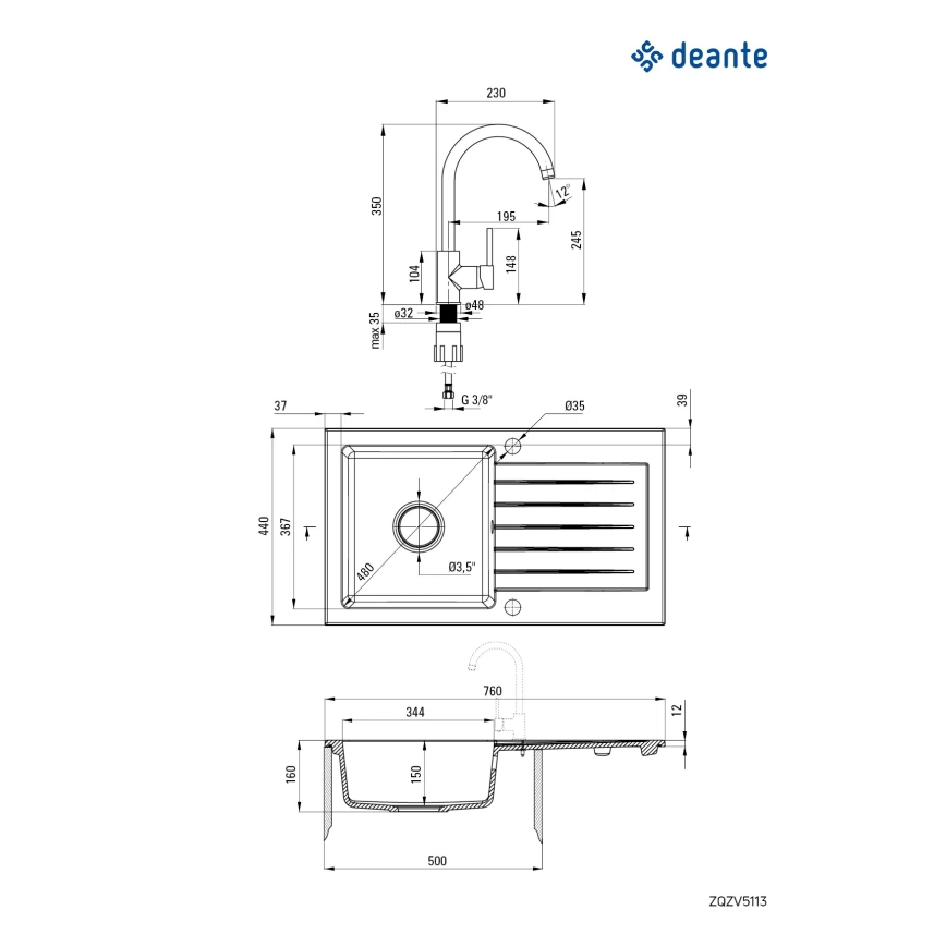 Deante ZQZVT113 - Diskho för kök ZORBA 76x44 cm + kran för diskho granit/metallisk antracit