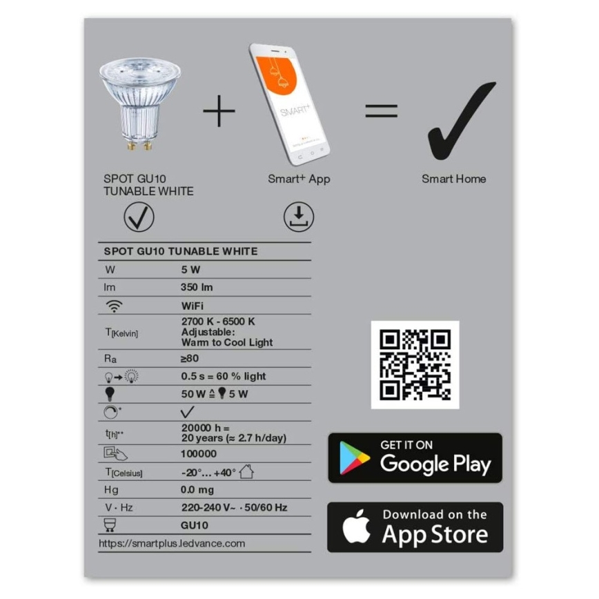 Dimbar LED-lampa SMART+ GU10/5W/230V 2,700K-6,500K - Ledvance