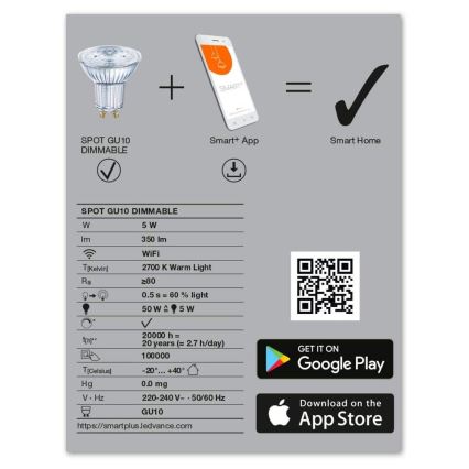 Dimbar LED-lampa SMART+ GU10/5W/230V 2,700K - Ledvance