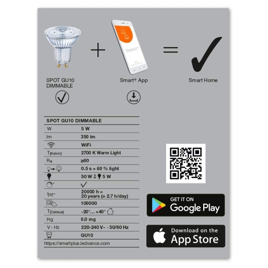 Dimbar LED-lampa SMART+ GU10/5W/230V 2,700K - Ledvance
