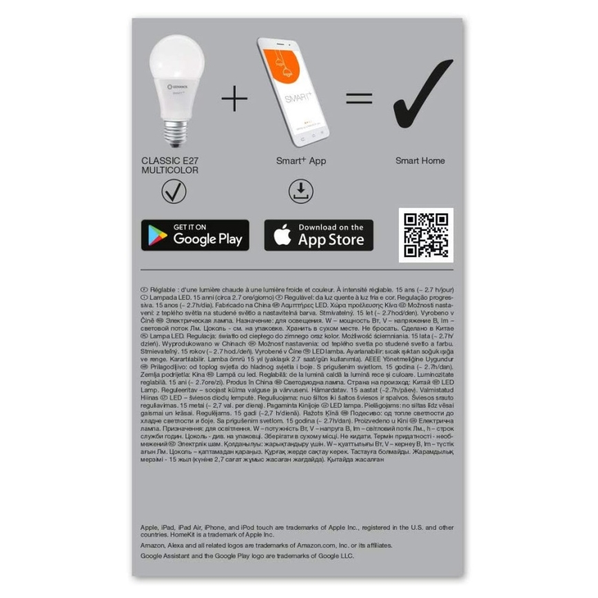 Dimbar RGBW LED-lampa SMART+ E27/9,5W/230V 2700K-6500K - Ledvance
