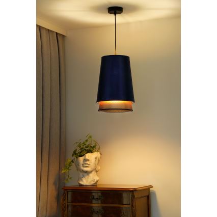 Duolla - Ljuskrona med textilsladd BELL SHINY 1xE27/15W/230V diameter 25 cm blå/koppar