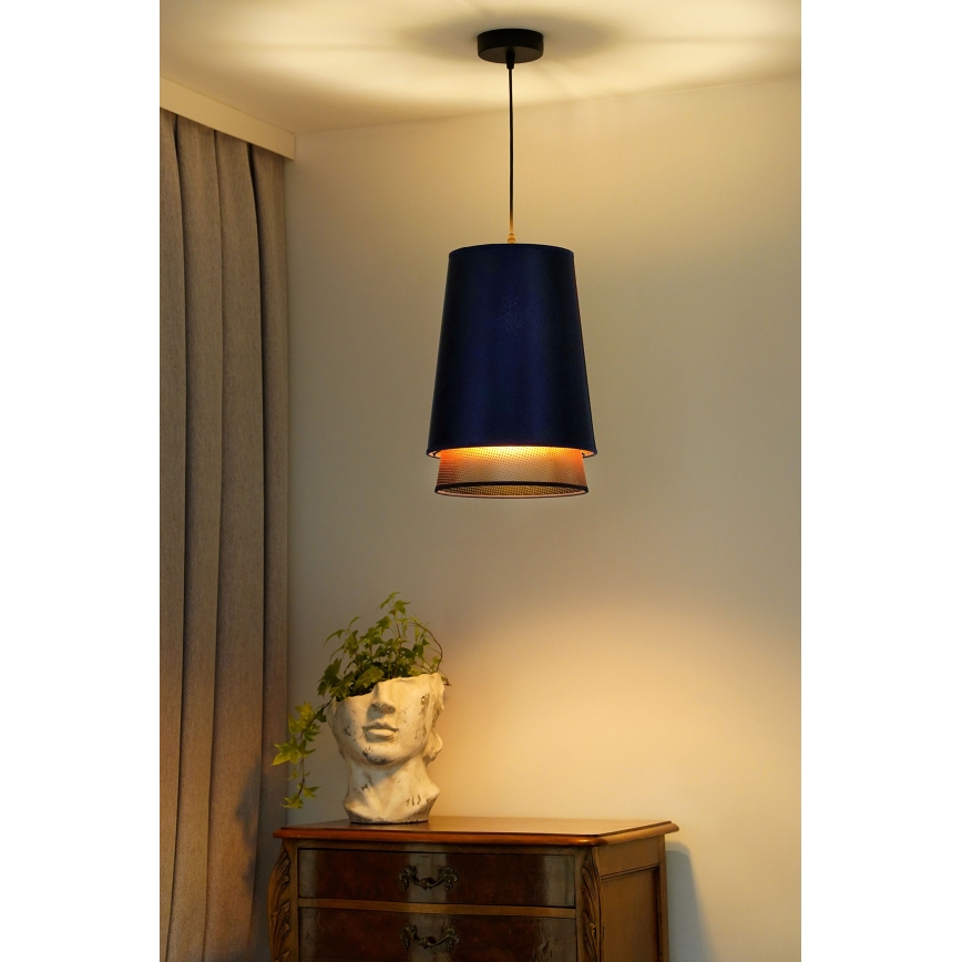 Duolla - Ljuskrona med textilsladd BELL SHINY 1xE27/15W/230V diameter 25 cm blå/koppar