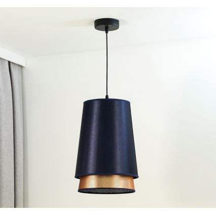 Duolla - Ljuskrona med textilsladd BELL SHINY 1xE27/15W/230V diameter 25 cm blå/koppar