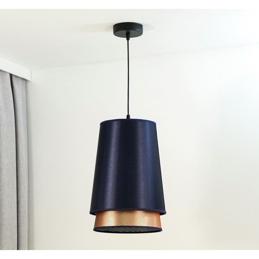 Duolla - Ljuskrona med textilsladd BELL SHINY 1xE27/15W/230V diameter 25 cm blå/koppar