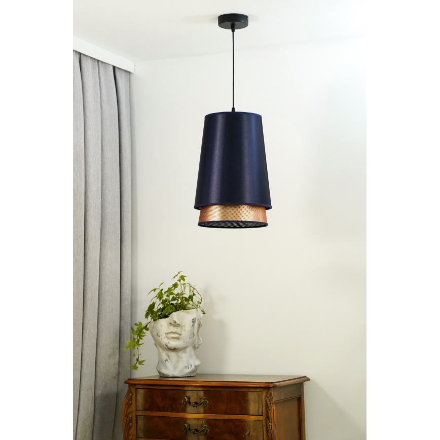 Duolla - Ljuskrona med textilsladd BELL SHINY 1xE27/15W/230V diameter 25 cm blå/koppar