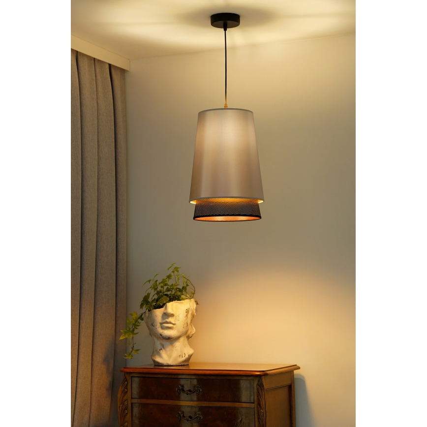 Duolla - Ljuskrona med textilsladd BELL SHINY 1xE27/15W/230V diameter 25 cm silver/svart