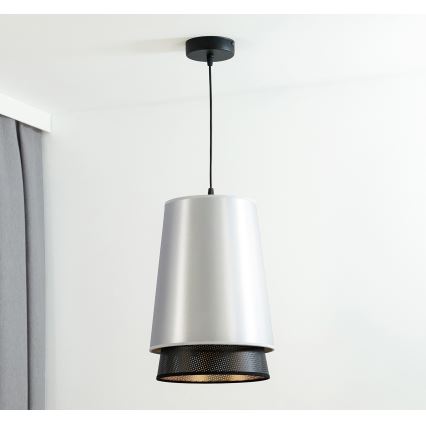 Duolla - Ljuskrona med textilsladd BELL SHINY 1xE27/15W/230V diameter 25 cm silver/svart