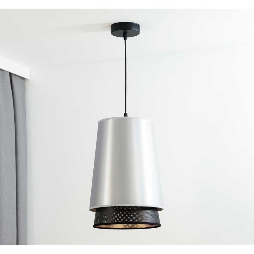 Duolla - Ljuskrona med textilsladd BELL SHINY 1xE27/15W/230V diameter 25 cm silver/svart