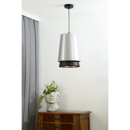 Duolla - Ljuskrona med textilsladd BELL SHINY 1xE27/15W/230V diameter 25 cm silver/svart