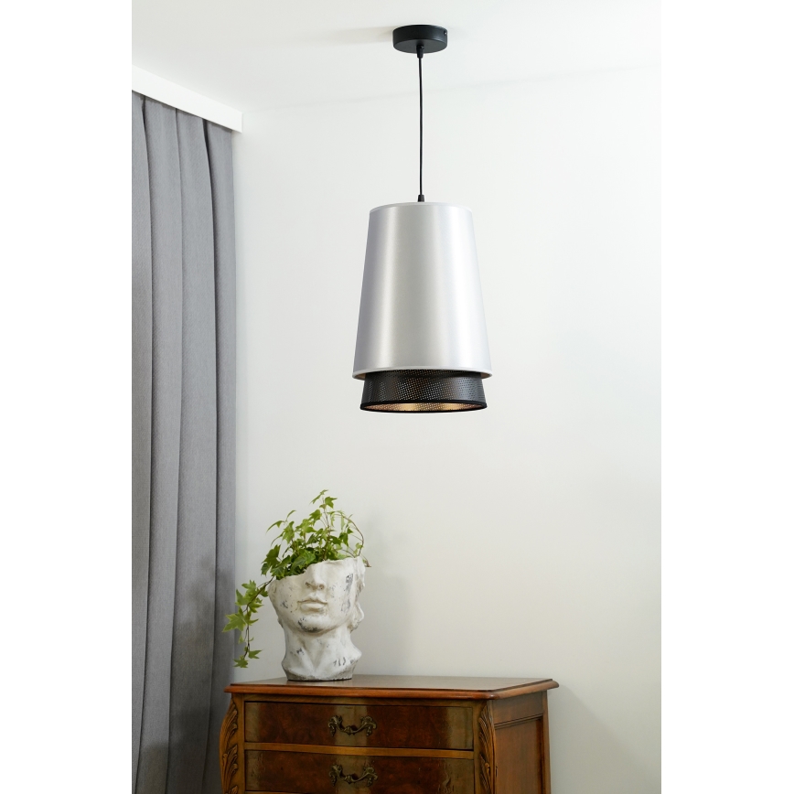 Duolla - Ljuskrona med textilsladd BELL SHINY 1xE27/15W/230V diameter 25 cm silver/svart