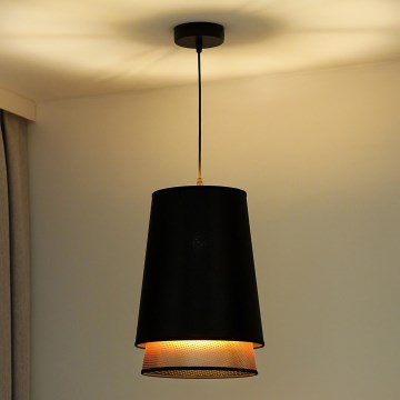 Duolla - Ljuskrona med textilsladd BELL SHINY 1xE27/15W/230V diameter 25 cm svart/koppar