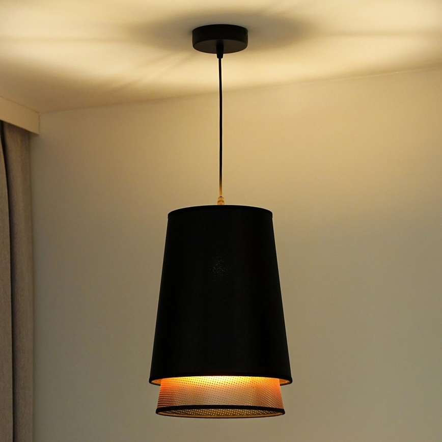Duolla - Ljuskrona med textilsladd BELL SHINY 1xE27/15W/230V diameter 25 cm svart/koppar