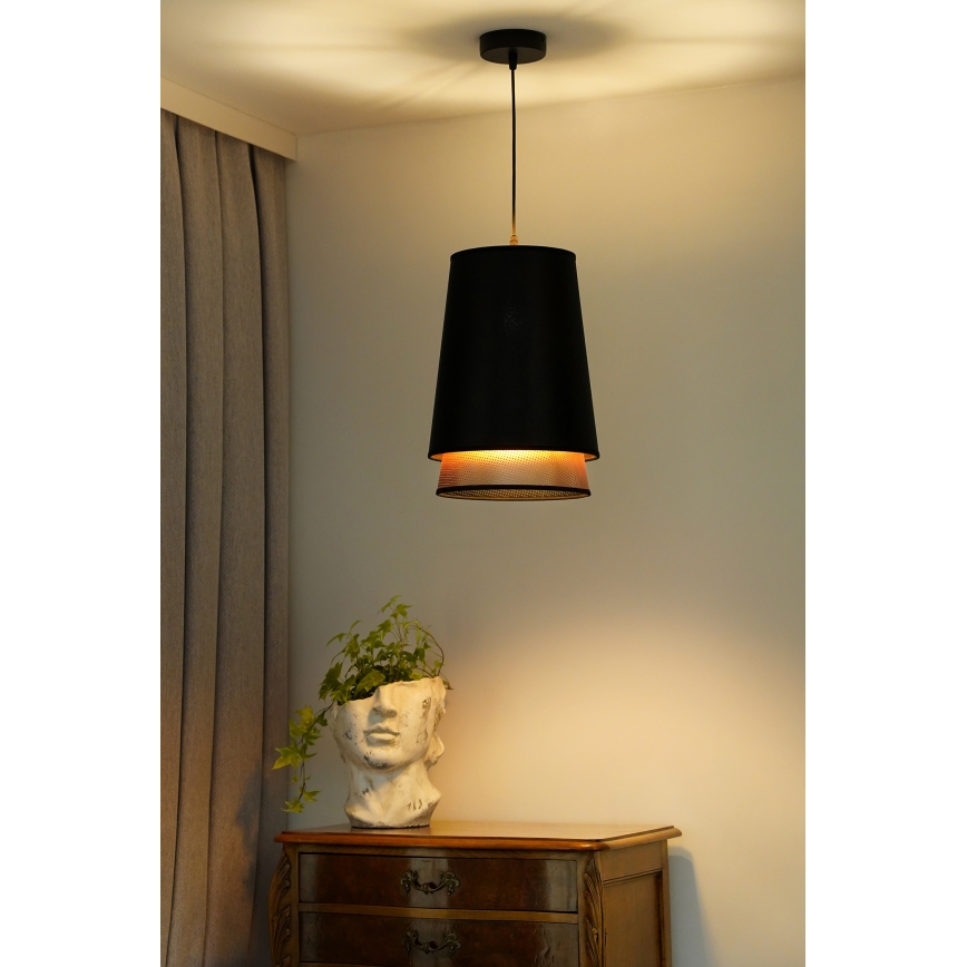 Duolla - Ljuskrona med textilsladd BELL SHINY 1xE27/15W/230V diameter 25 cm svart/koppar