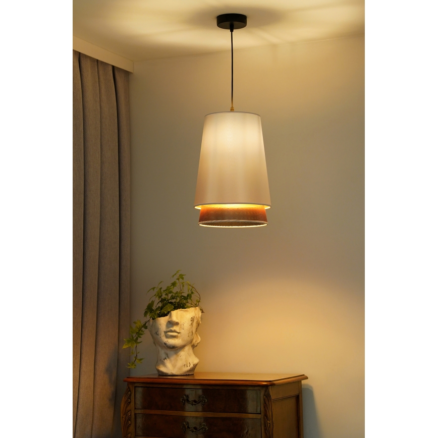 Duolla - Ljuskrona med textilsladd BELL SHINY 1xE27/15W/230V diameter 25 cm vit/koppar