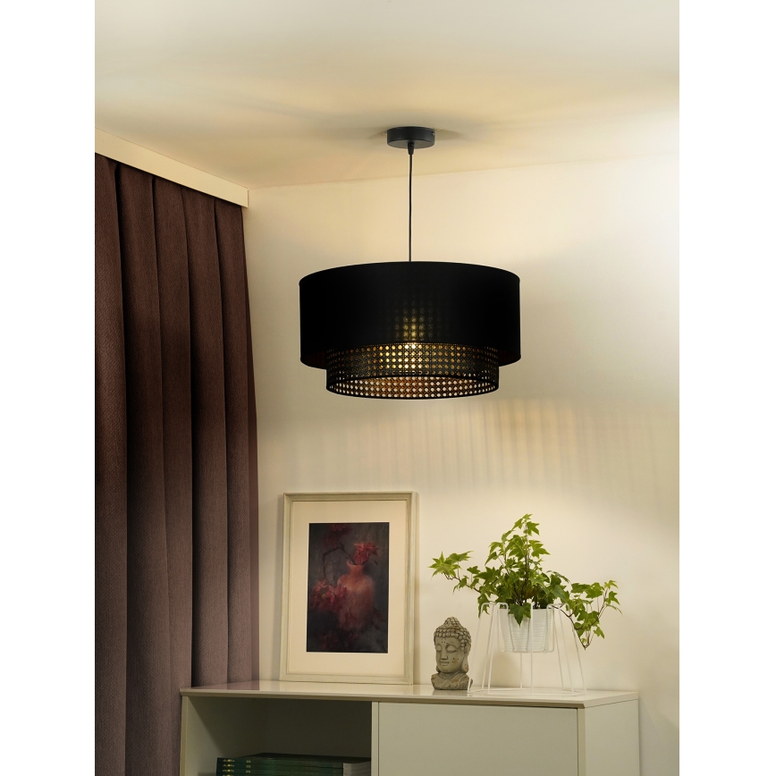 Duolla - Ljuskrona med textilsladd BOHO RATTAN 1xE27/15W/230V diameter 45 cm svart
