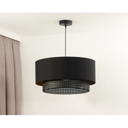 Duolla - Ljuskrona med textilsladd BOHO RATTAN 1xE27/15W/230V diameter 45 cm svart