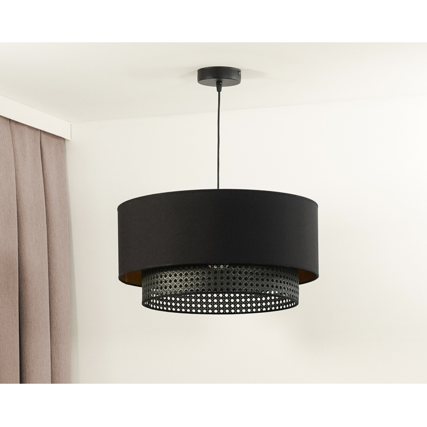 Duolla - Ljuskrona med textilsladd BOHO RATTAN 1xE27/15W/230V diameter 45 cm svart