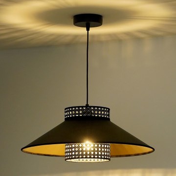 Duolla - Ljuskrona med textilsladd RIO RATTAN 1xE27/15W/230V diameter 45 cm svart/guld