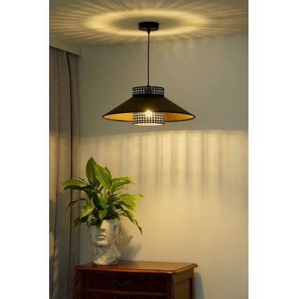 Duolla - Ljuskrona med textilsladd RIO RATTAN 1xE27/15W/230V diameter 45 cm svart/guld