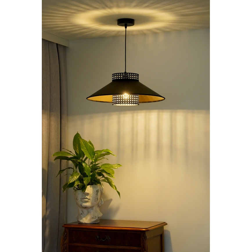 Duolla - Ljuskrona med textilsladd RIO RATTAN 1xE27/15W/230V diameter 45 cm svart/guld