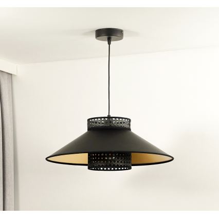 Duolla - Ljuskrona med textilsladd RIO RATTAN 1xE27/15W/230V diameter 45 cm svart/guld