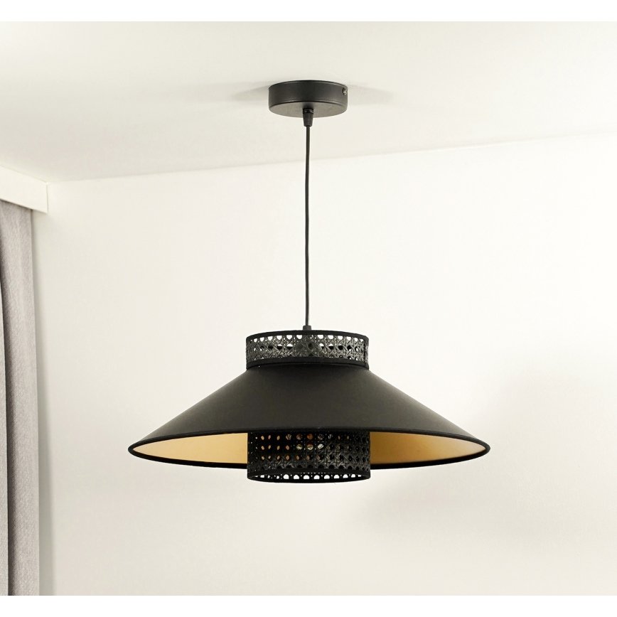 Duolla - Ljuskrona med textilsladd RIO RATTAN 1xE27/15W/230V diameter 45 cm svart/guld