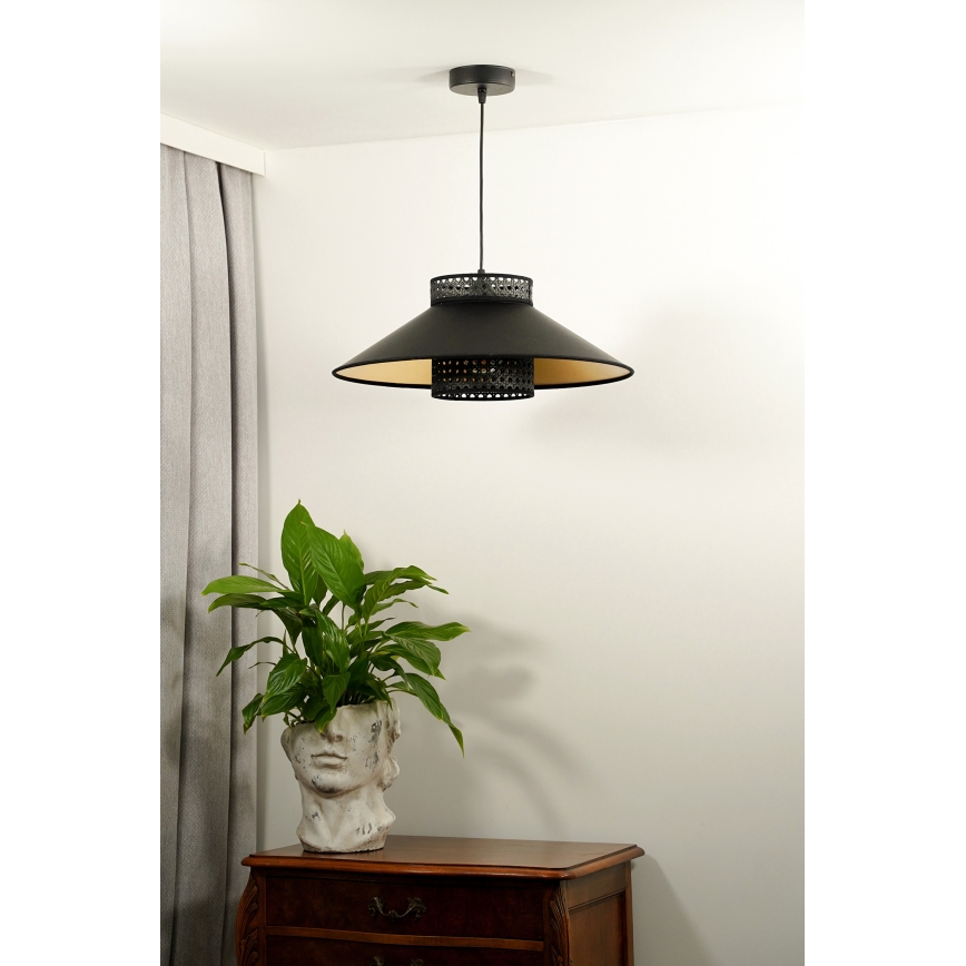 Duolla - Ljuskrona med textilsladd RIO RATTAN 1xE27/15W/230V diameter 45 cm svart/guld