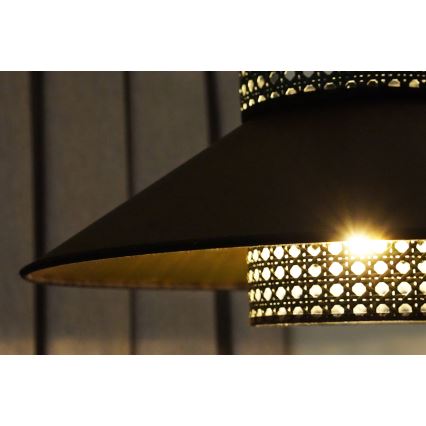 Duolla - Ljuskrona med textilsladd RIO RATTAN 1xE27/15W/230V diameter 45 cm svart/guld
