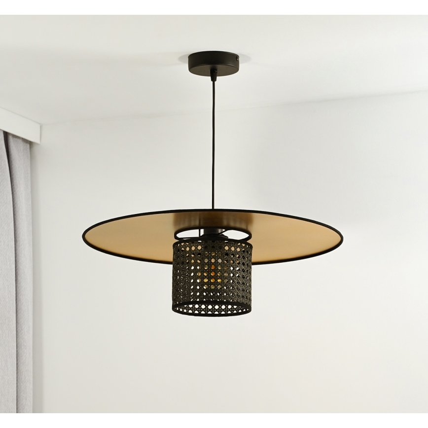 Duolla - Ljuskrona med textilsladd TOKYO RATTAN 1xE27/15W/230V diameter 50 cm guld/svart