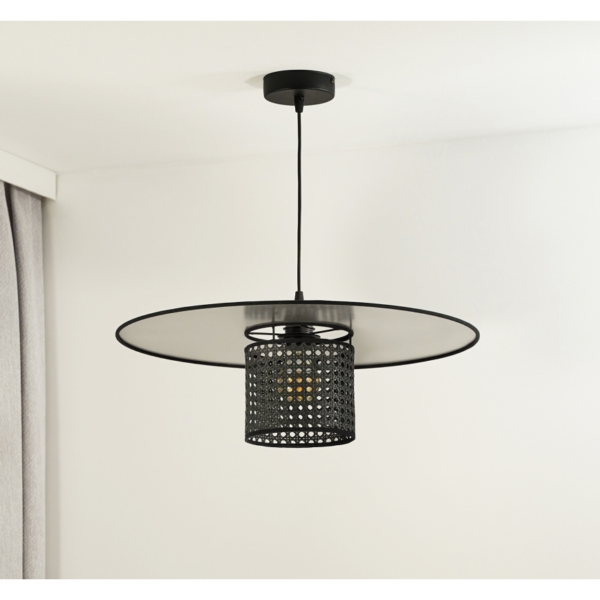 Duolla - Ljuskrona med textilsladd TOKYO RATTAN 1xE27/15W/230V diameter 50 cm svart/silver